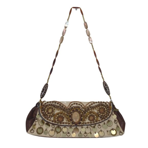 Vintage Mary Frances Beaded Purse Handbag Shoulder Brown Gold Embellished Boho - Picture 1 of 16